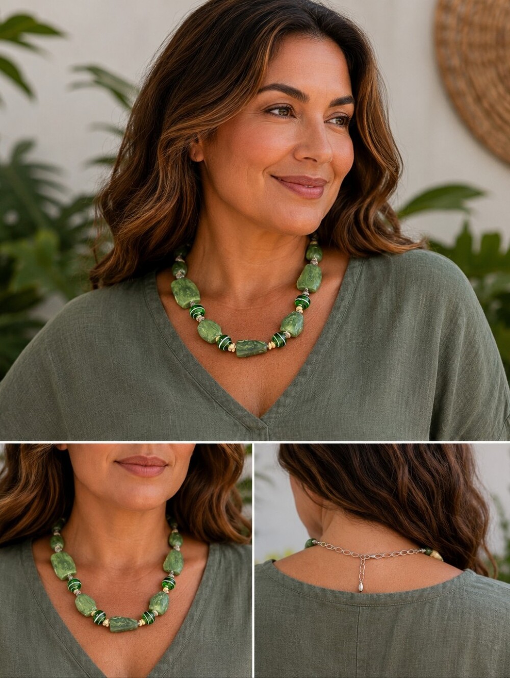 Green Marbled Statement Beaded Necklace 15" Lobster Clasp Glass & Acrylic Boho